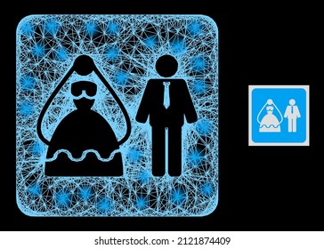 Sparkle network marriage persons with lightspots on a black background. Light vector mesh based on marriage persons pictogram, with linear mesh and light dots.