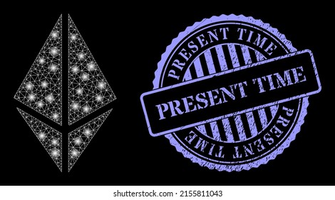 Cristal rhombus de la red espumoso con manchas de luz y sello corroido redondo azul de tiempo actual. Cuadrícula vectorial creada a partir del icono de cristal rhombus. Cristales de rhombus polígono iluminados con canales.