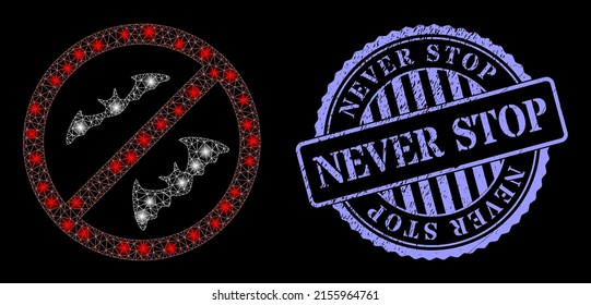 Sparkle network stop bats with glowing spots, and Never Stop blue round textured seal imitation. Vector frame created from stop bats icon. Illuminated frame mesh stop bats.
