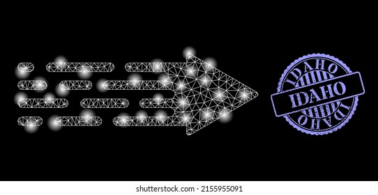 Sparkle Network Transition Arrow With Light Spots, And Idaho Blue Round Dirty Watermark. Vector Carcass Based On Transition Arrow Icon. Sparkle Carcass Polygonal Transition Arrow.