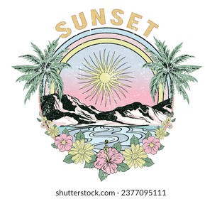 Sparkle Palm tree with mountain retro print artwork. Beach vibes. sun and moon. Tropical flower. Beach hand sketch graphic print design for t shirt print, poster, sticker, background and others. 