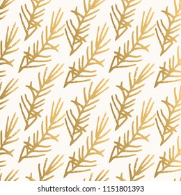 Sparkle pattern with golden pine branches. Hand drawn decorative background. Vector floral print.