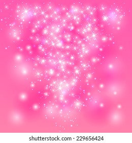 Sparkle pink background with shine stars and blurry lights, illustration.