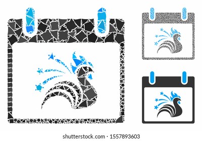 Sparkle rooster calendar day composition of tremulant parts in various sizes and color tones, based on sparkle rooster calendar day icon. Vector tuberous parts are organized into collage.