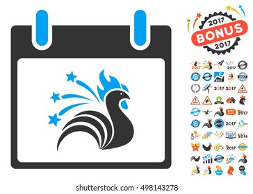 Sparkle Rooster Calendar Day icon with bonus calendar and time management images. Vector illustration style is flat iconic symbols, blue and gray colors, white background.