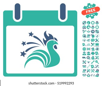 Sparkle Rooster Calendar Day icon with bonus service design elements. Vector illustration style is flat iconic symbols, cobalt and cyan, white background.