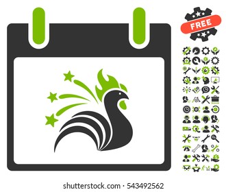 Sparkle Rooster Calendar Day icon with bonus service pictures. Vector illustration style is flat iconic symbols, eco green and gray, white background.
