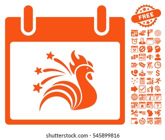 Sparkle Rooster Calendar Day icon with bonus calendar and time management clip art. Vector illustration style is flat iconic symbols, orange, white background.