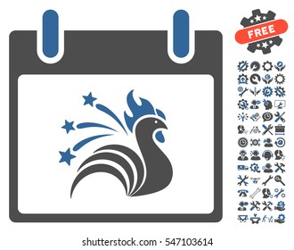 Sparkle Rooster Calendar Day icon with bonus configuration design elements. Vector illustration style is flat iconic symbols, cobalt and gray, white background.