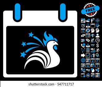 Sparkle Rooster Calendar Day icon with bonus calendar and time management graphic icons. Vector illustration style is flat iconic symbols, blue and white, black background.