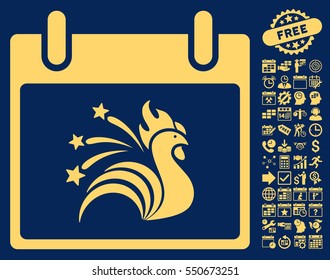 Sparkle Rooster Calendar Day icon with bonus calendar and time management images. Vector illustration style is flat iconic symbols, yellow, blue background.