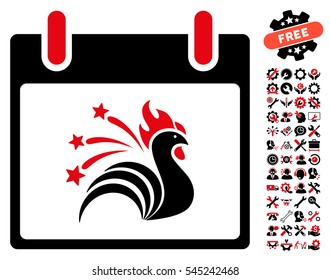Sparkle Rooster Calendar Day pictograph with bonus settings design elements. Vector illustration style is flat iconic symbols, intensive red and black, white background.