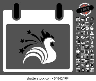 Sparkle Rooster Calendar Day pictograph with bonus calendar and time management pictograms. Vector illustration style is flat iconic symbols, black and white, gray background.