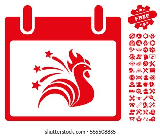 Sparkle Rooster Calendar Day pictograph with bonus settings symbols. Vector illustration style is flat iconic symbols, red, white background.