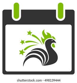 Sparkle Rooster Calendar Day vector pictogram. Style is flat graphic bicolor symbol, eco green and gray colors, white background.