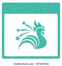 Sparkle Rooster Calendar Page grainy textured icon for overlay watermark stamps. Flat symbol with dust texture. Dotted vector cyan ink rubber seal stamp with grunge design on a white background.