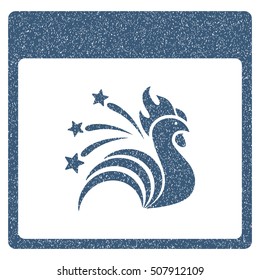 Sparkle Rooster Calendar Page grainy textured icon for overlay watermark stamps. Flat symbol with dirty texture. Dotted vector blue ink rubber seal stamp with grunge design on a white background.