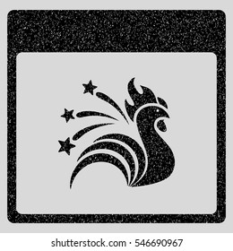 Sparkle Rooster Calendar Page grainy textured icon for overlay watermark stamps. Flat symbol with dust texture. Dotted vector black ink rubber seal stamp with grunge design on a light gray background.
