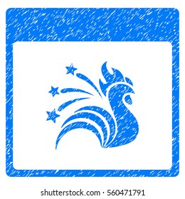 Sparkle Rooster Calendar Page grainy textured icon for overlay watermark stamps. Flat symbol with dirty texture. Dotted vector blue ink rubber seal stamp with grunge design on a white background.