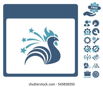 Sparkle Rooster Calendar Page icon with bonus configuration design elements. Vector illustration style is flat iconic symbols, cyan and blue, white background.