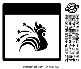 Sparkle Rooster Calendar Page icon with bonus calendar and time management design elements. Vector illustration style is flat iconic symbols, black, white background.