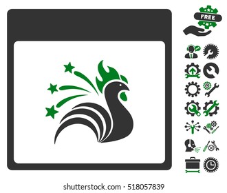 Sparkle Rooster Calendar Page pictograph with bonus service pictograms. Vector illustration style is flat iconic symbols, green and gray, white background.