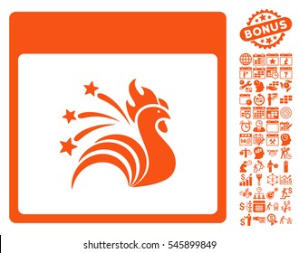 Sparkle Rooster Calendar Page pictograph with bonus calendar and time management pictures. Vector illustration style is flat iconic symbols, orange, white background.