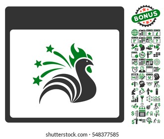 Sparkle Rooster Calendar Page pictograph with bonus calendar and time management icon set. Vector illustration style is flat iconic symbols, green and gray, white background.