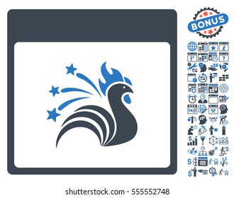 Sparkle Rooster Calendar Page pictograph with bonus calendar and time management clip art. Vector illustration style is flat iconic symbols, smooth blue, white background.