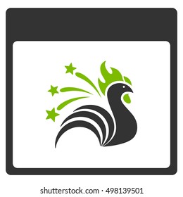 Sparkle Rooster Calendar Page vector pictograph. Style is flat graphic bicolor symbol, eco green and gray colors, white background.