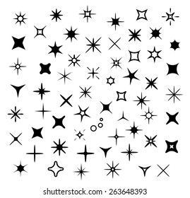 Sparkle set with stars, flashes, glowing elements. Isolated on white template for Christmas invitations and holiday greeting cards