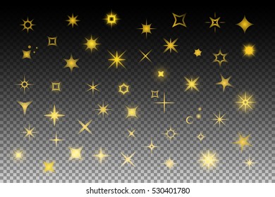 Sparkle set with stars, flashes, glowing elements. Isolated on white template for Christmas invitations and holiday greeting cards. Glittering gold icons. Image with shining elements. Bright sparks