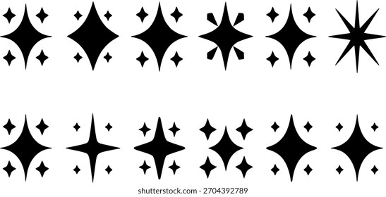 Sparkle and Shine Star Icon Set - Símbolos de efecto de magia simple y brillo negro