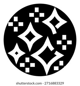 Símbolo de brillo brillante dentro de un círculo negro que representa la limpieza, la frescura, la magia y la novedad, ideal para ilustraciones de calidad y efecto de productos