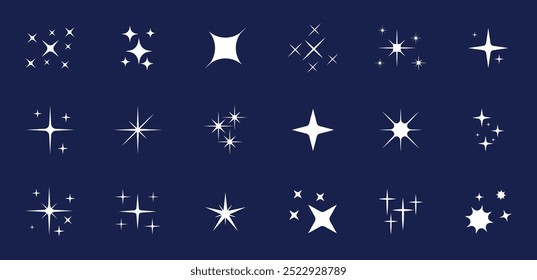 Espumante ou conjunto de vetores de brilho de dezoito estrelas diferentes de cor branca no fundo escuro. Ícones de estrela cintilante. Ícone Brilhar. Estrelas cintilantes doodles vetor.
