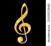 Sparkle shiny golden treble clef. Glitter Music violin clef sign. Vector icon on dark background.