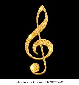 Sparkle shiny golden treble clef. Glitter Music violin clef sign. Vector icon on dark background.