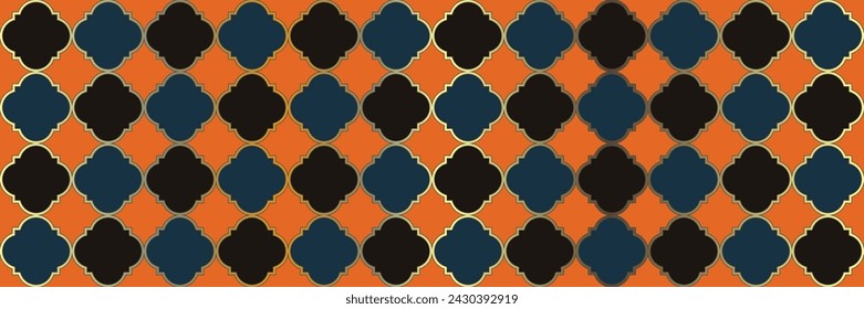 Funkelndes glänzendes Muster. Traditionelles nahtloses östliches Banner. Coole persische Textur. In: Quatrefoil Arabian Ethnic Tesselation. Geometrische Gitterplatte. Trendy Geo Curved. Reiches osmanisches Mosaik.