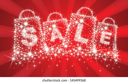 Sparkle shopping bags and sale text isolated on red background