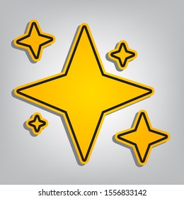 Sparkle sign. Flat orange icon with overlapping linear black icon with gray shadow at whitish background. Illustration.