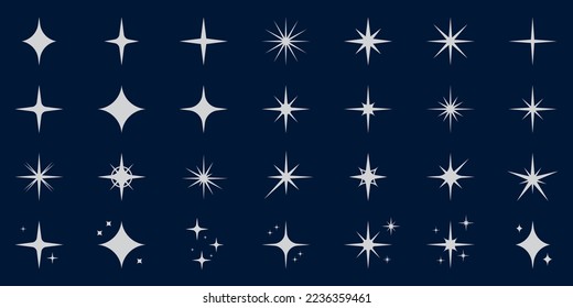 Sparkle Silver Star Silhouette Icon Set. Glow Spark Flash Stars Pictogram Collection. Shine Burst Magic Decoration Symbol. Glistering Effect Light. Twinkle Flare. Isolated Vector Illustration.