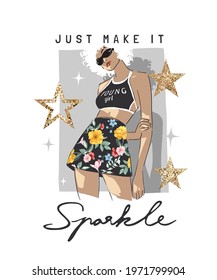 sparkle slogan with fashion girl and glitter stars vector illustration