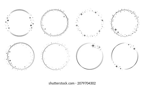 Sparkle star circle frame set. Wreath ring stardust border for party, birthday decor design. Laurel frame with, cosmic glitter shine. Isolated black flat vector illustration.