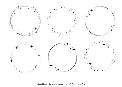 Conjunto de marco de círculo de la estrella de brillo. Borde de estaño de corona para la fiesta, diseño de decoración de cumpleaños. Marco de laurel con brillo cósmico. Ilustración vectorial plana negra aislada