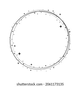 Sparkle star circle frame. Wreath round stardust border for party, birthday decor design. Laurel frame with, cosmic glitter shine. Isolated black flat vector illustration.