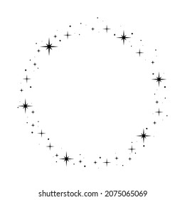 Sparkle star circle frame. Wreath round stardust border for party, birthday decor design. Laurel frame with, cosmic glitter shine. Isolated black flat vector illustration.