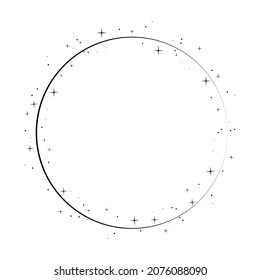 Sparkle star circle frame. Wreath round stardust border for party, birthday decor design. Laurel frame with, cosmic glitter shine. Isolated black flat vector illustration.