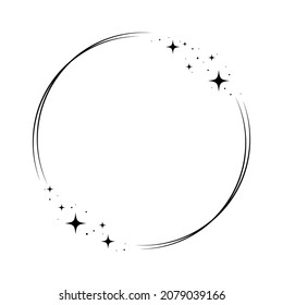 Sparkle star circle frame. Wreath round stardust border for party, birthday decor design. Laurel frame with, cosmic glitter shine. Isolated black flat vector illustration.