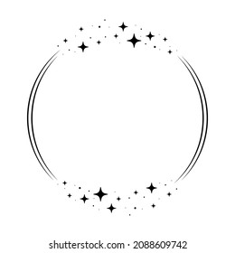 Sparkle Sternkreis Rahmen. Kranzrunder Steardust-Rahmen für Feier, Geburtstagsdekor. Laurel Rahmen mit kosmischem Glanz. Einzeln schwarze flache Vektorgrafik.