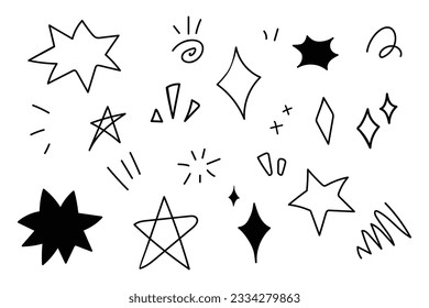 Sparkle and star doodle hand drawn black and white for element, message, poster